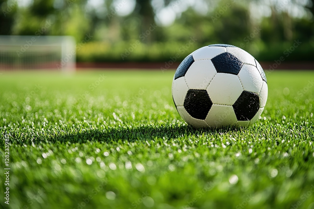 Fototapeta premium Close-up of a soccer ball resting on a green field with open space surrounding it for text overlay.
