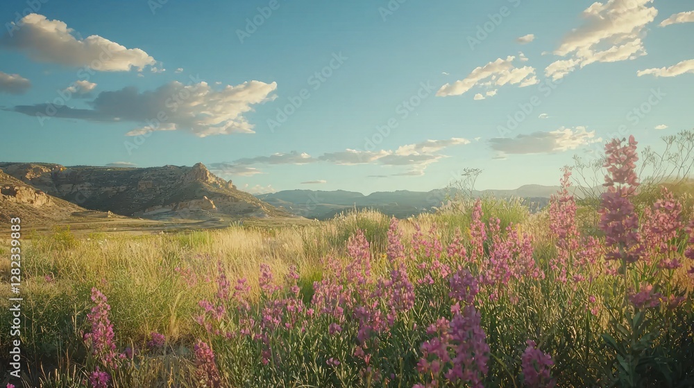 Fototapeta premium Sunset over wildflowers in a mountain valley.