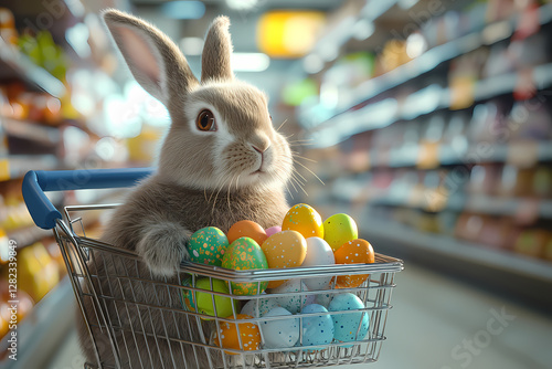 Easter Bunny's Shopping Spree: An adorable bunny sits in a shopping cart filled with colorful Easter eggs, navigating a supermarket aisle stocked with various groceries.