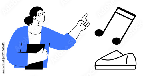 Teacher pointing toward music notes, holding a book, while a shoe lies beside. Ideal for education, music, learning, teaching, school, instruction, training. Line metaphor for guidance and creativity