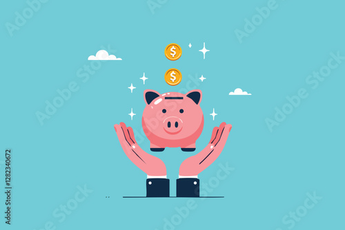 Growing Savings, Hands Holding a Piggy Bank as Dollar Coins Drop In