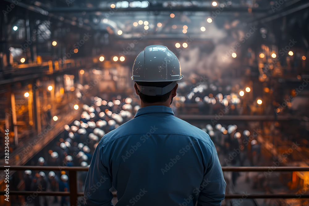 Industrial Oversight: A figure in a hardhat surveys a bustling industrial complex from a high vantage point, representing leadership and expertise within the manufacturing industry. Industrial Oversight: A figure in a hardhat surveys a bustling industrial complex from a high vantage point, representing leadership and expertise within the manufacturing industry.