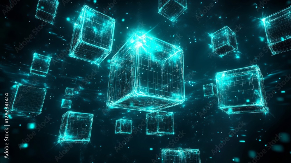 Floating Luminous Blue Cubes in Dark Space Abstract Geometric Background Pattern Floating Luminous Blue Cubes in Dark Space Abstract Geometric Background Pattern