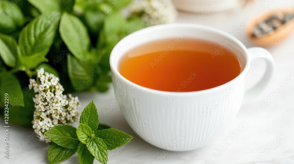 Herbal tea cup, mint leaves, light background, relaxing mood, healthy drink Herbal tea cup, mint leaves, light background, relaxing mood, healthy drink