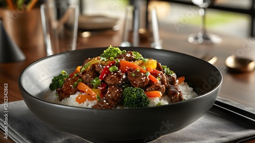 An Exquisitely Served Plate of Teriyaki Beef Stir-Fry Featuring Colorful Ingredients Resting on Fluffy Steamed Rice