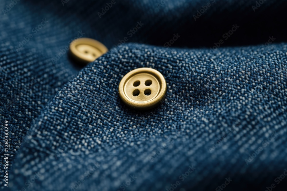 Golden buttons fastening blue denim fabric: close-up detail of clothing Golden buttons fastening blue denim fabric: close-up detail of clothing
