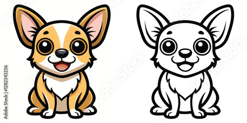 Kawaii Chihuahua Dog Coloring Page For Kids. Animal Coloring Workbook For Preschool. Kawaii Chihuahua Cartoon Outline Vector Illustration