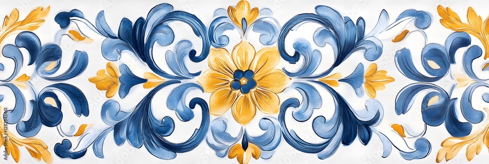 Artistic pattern on tiles made using the majolica technique drawn by hand with watercolors used for textile prints and fabric designsArtistic pattern on tiles made using the majolica technique drawn