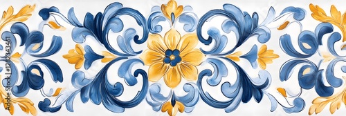 Artistic pattern on tiles made using the majolica technique drawn by hand with watercolors used for textile prints and fabric designsArtistic pattern on tiles made using the majolica technique drawn 