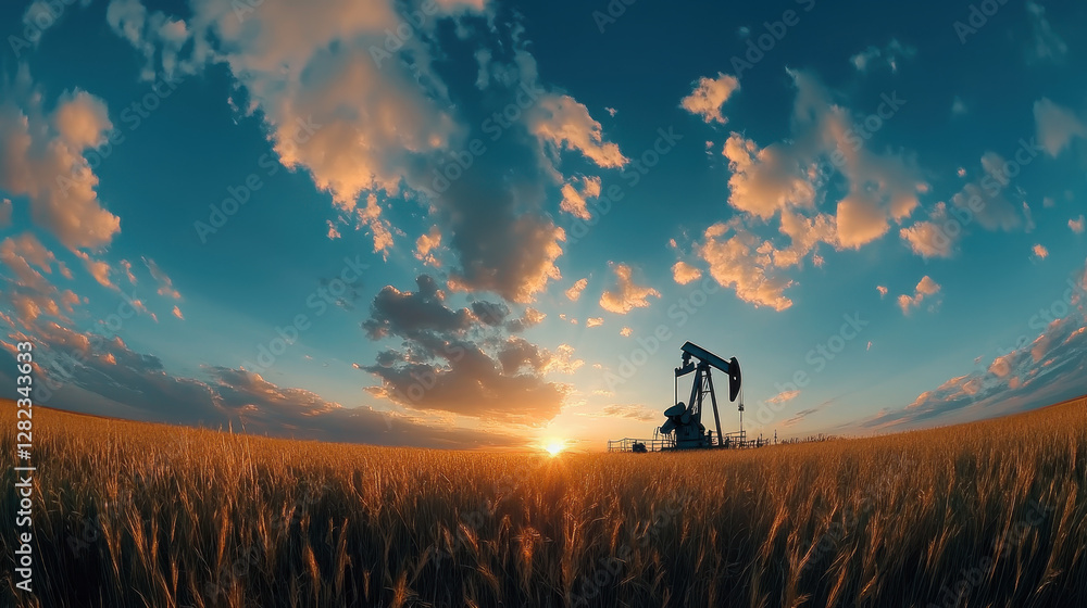 Fototapeta premium Pump Jack Silhouette at Sunset over Wheat Field with Dramatic Clouds