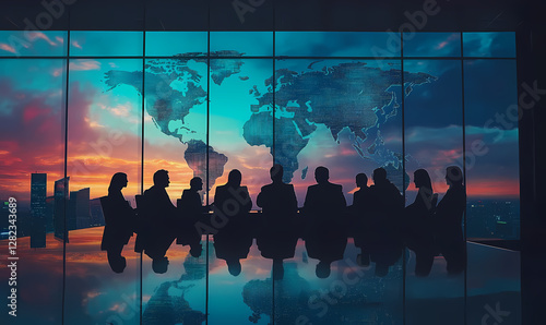 Global Strategy Meeting: Silhouetted figures of business professionals in a high-rise office, with a panoramic view of a cityscape and a world map.