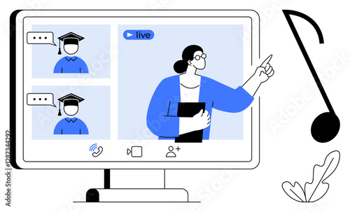 Computer monitor displays teacher instructing on video chat with graduates. Ideal for online education, distance learning, virtual classrooms, e-learning, webinars, training sessions, remote