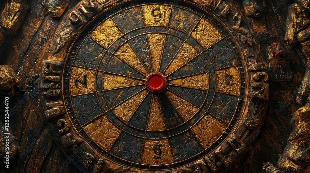 Antique Gold Dartboard Target. Rustic wood background. For game night and recreation Antique Gold Dartboard Target. Rustic wood background. For game night and recreation