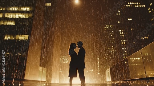 Couple kissing in rain, city rooftop, romantic moment photo