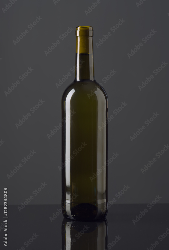 Elegant gray wine bottle displayed on a reflective surface in soft lighting Elegant gray wine bottle displayed on a reflective surface in soft lighting