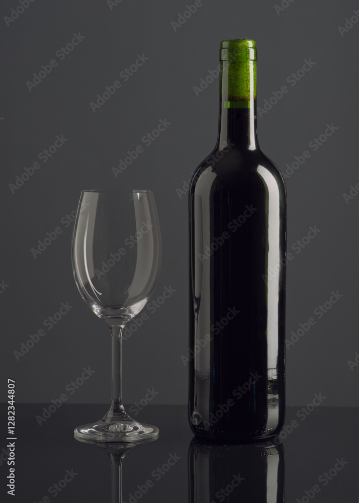 Elegant display of gray wine bottle and empty glass on reflective surface Elegant display of gray wine bottle and empty glass on reflective surface