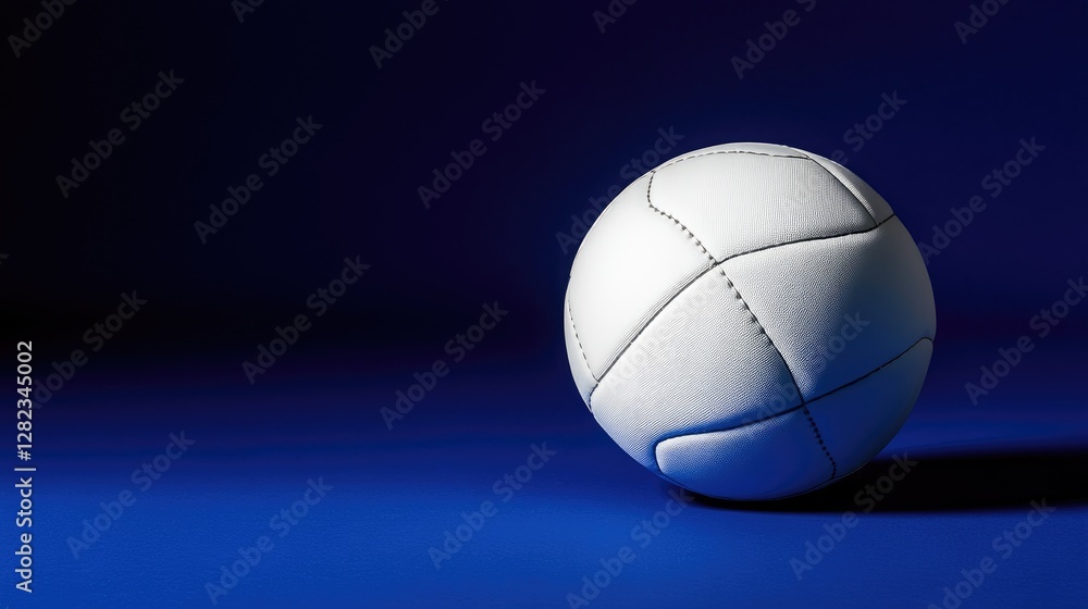 Official volleyball ball resting on a deep blue background, sharp details, high-resolution sports image, no people Official volleyball ball resting on a deep blue background, sharp details, high-resolution sports image, no people