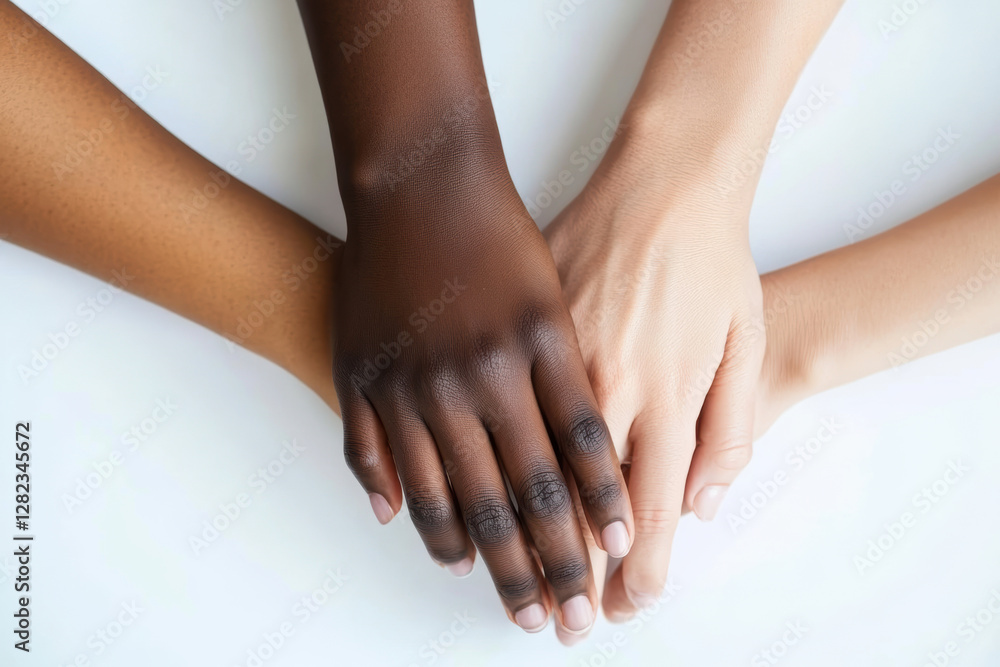 Four hands holding each other, with one hand being black Four hands holding each other, with one hand being black