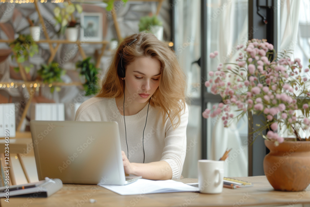 A woman is sitting at a table with a laptop and a cup of coffee A woman is sitting at a table with a laptop and a cup of coffee
