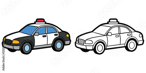 Police Car Coloring Page For Kids. Police Coloring Workbook For Preschool. Police Car Cartoon Outline Vector Illustration