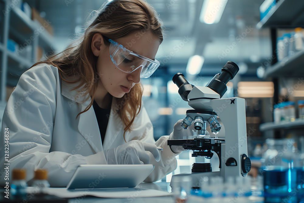 scientist in laboratory, a female scientist in a lab, using a microscope and digital tablet, wearing a lab coat and goggles, checks a test tube scientist in laboratory, a female scientist in a lab, using a microscope and digital tablet, wearing a lab coat and goggles, checks a test tube