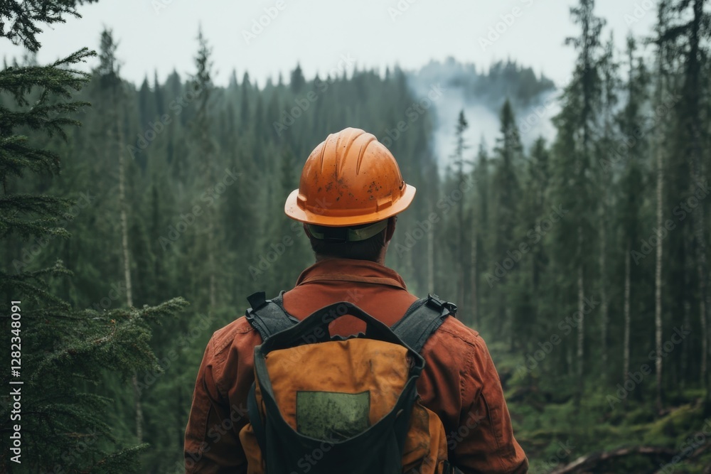 Forest ranger watching wildfire smoke spreading through trees Forest ranger watching wildfire smoke spreading through trees
