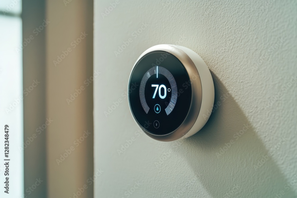 Smart thermostat showing 70 degrees fahrenheit on wall in modern home