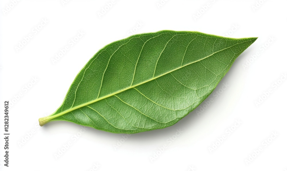 Fototapeta premium A vibrant green leaf showcasing intricate vein patterns against a clean white background