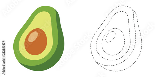 Trace and Color Avocado. Handwriting Practice For Kids. Avocado Vector Design