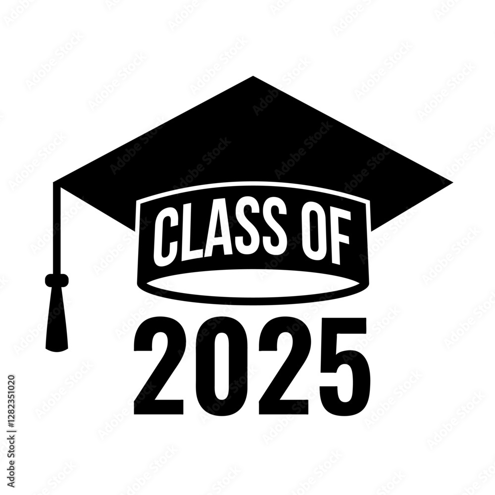 Class of 2025 lettering on graduation cap. Congratulations to graduates typography poster. Vector template for greeting card, banner, label, sticker, invitation, etc.