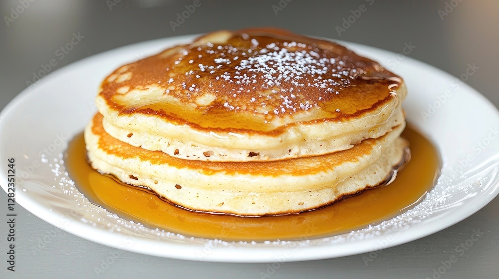 Stack of pancakes on a plate with syrup and powdered sugar Stack of pancakes on a plate with syrup and powdered sugar