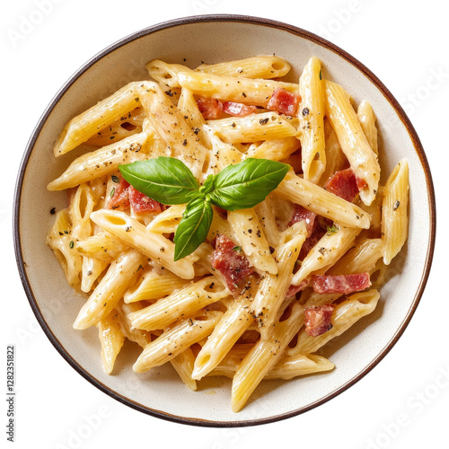 penne pasta carbonara shot from above, white background