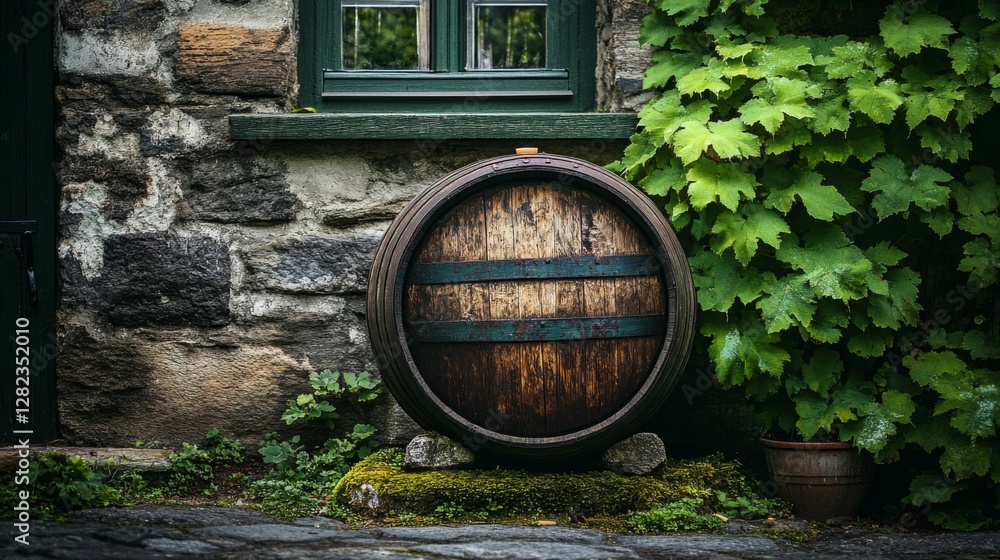 Naklejka premium Rustic Stone Building Facade with Wooden Barrel and Green Ivy in Rural Setting