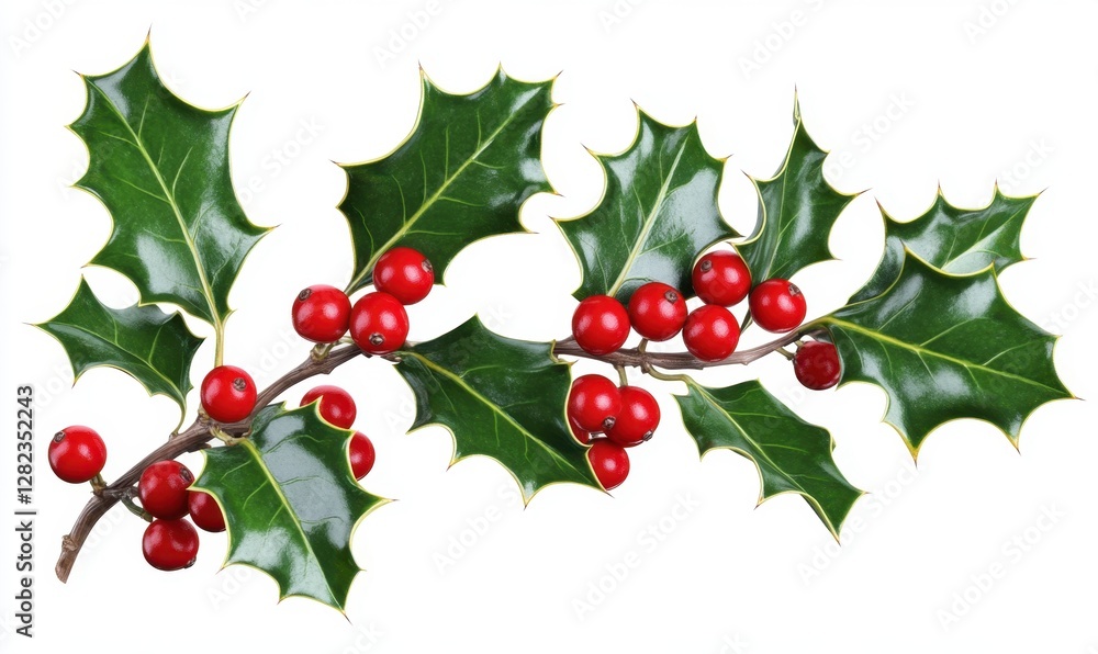 Fototapeta premium A vibrant holly branch adorned with bright red berries and glossy green leaves against a white backdrop