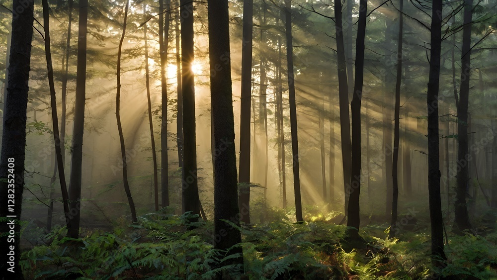 Obraz premium A breathtaking misty forest landscape at sunrise, with golden light filtering through the dense trees, creating a mystical and serene atmosphere.