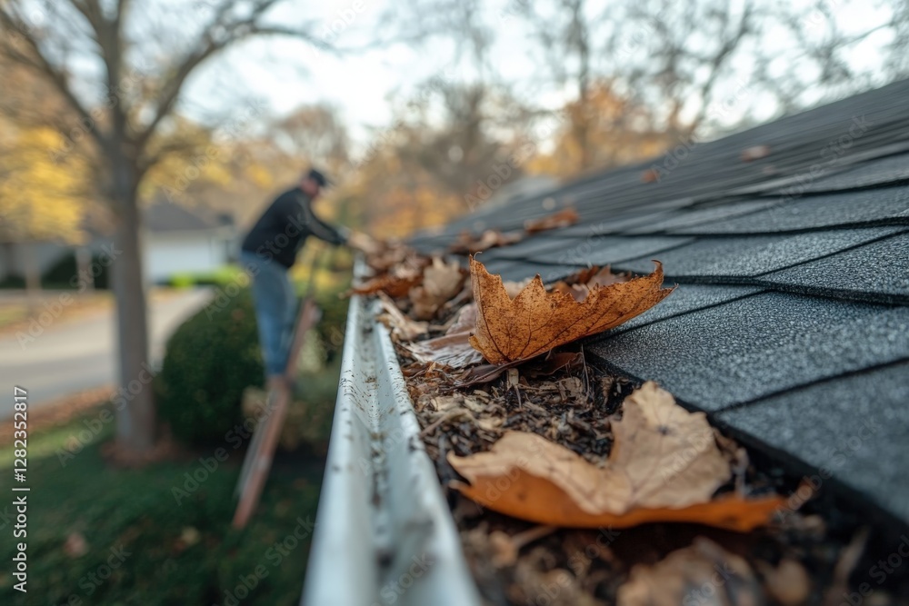 Handyman cleaning autumn leaves from gutter on ladder Handyman cleaning autumn leaves from gutter on ladder