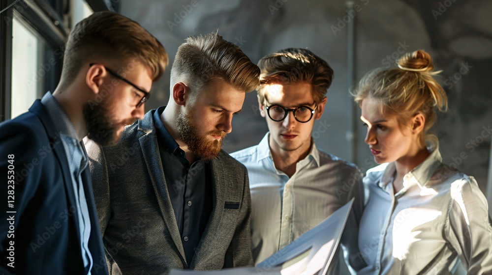 Fototapeta premium Four people are standing around a table looking at a piece of paper