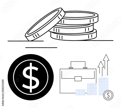 Stack of coins, dollar sign, business briefcase, and growth chart showing upward trend. Ideal for finance topics, investment, business growth, economic success, savings budgeting profitability