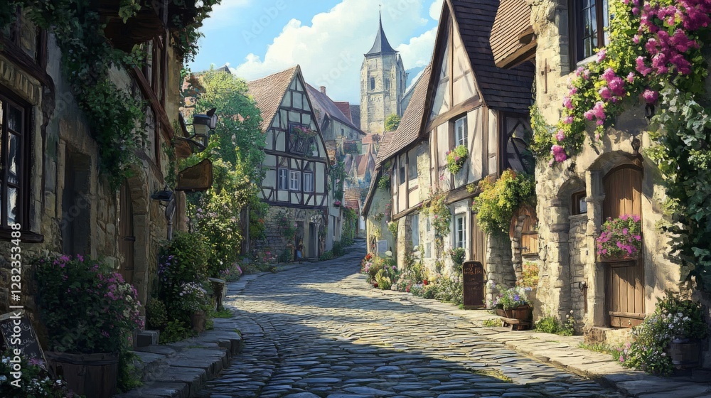Fototapeta premium Picturesque European Village Cobblestone Street with Stone Houses and Blooming Flowers