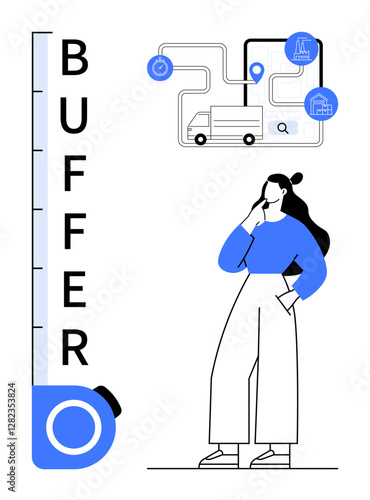 Woman thinking, map with logistics icons including a truck, buffer meter. Ideal for supply chain management, logistics coordination, planning, efficiency, route mapping, strategy problem-solving