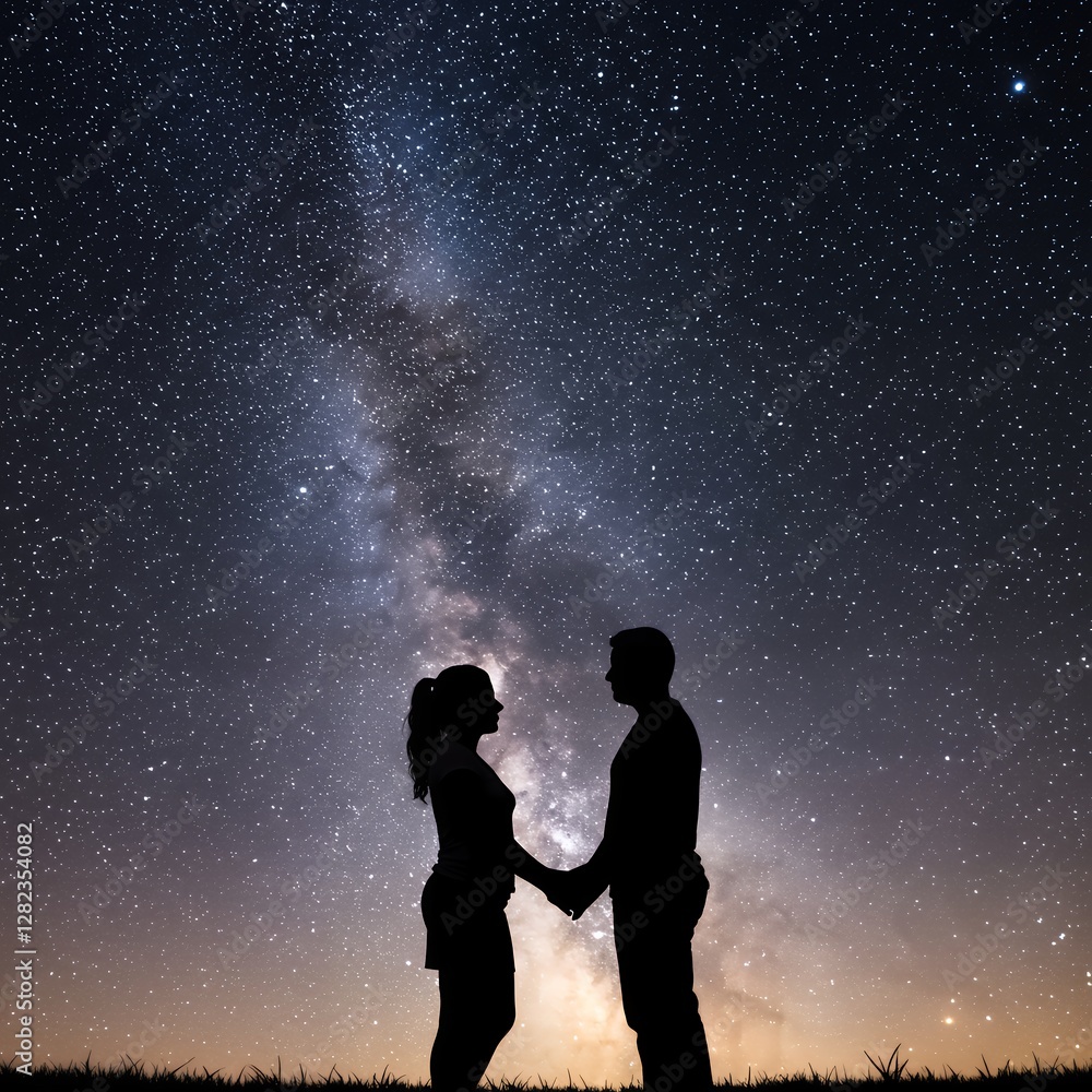 Fototapeta premium A romantic silhouette of a couple holding hands under a breathtaking night sky filled with stars and the Milky Way, symbolizing love and connection.