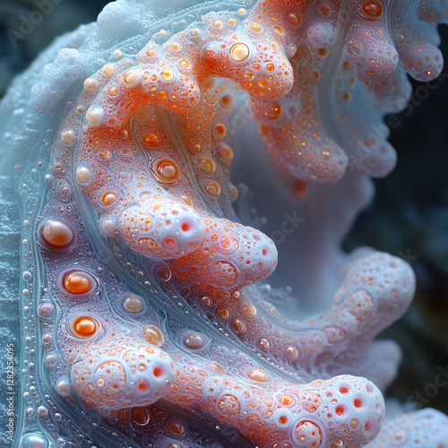 Close-up image of a translucent jellyfish, adorned with orange spots possibly nematocysts Captured underwater with ethereal quality and focus on the subject due to dark background - AI-Generated photo