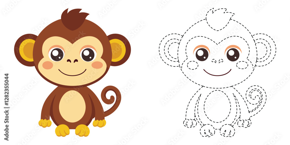 Trace and Color Monkey Cartoon. Hand Drawing Practice For Kids. Kawaii Animal Coloring. Cute Monkey Character Vector Design Trace and Color Monkey Cartoon. Hand Drawing Practice For Kids. Kawaii Animal Coloring. Cute Monkey Character Vector Design