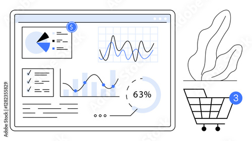 Digital dashboard displaying pie charts, line graphs, bar charts, and analytics reports. Shopping cart indicating three items. Ideal for e-commerce, business insights, performance tracking, market