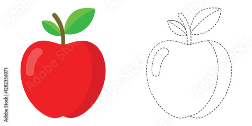Trace and Color Red Apple. Handwriting Practice For Kids. Red Apple Fruit Vector Design