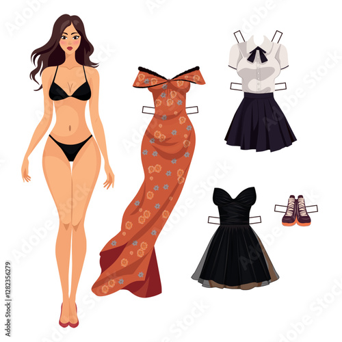 paper doll with a set of clothes. evening dress, short dress, blouse and skirt. vector illustration