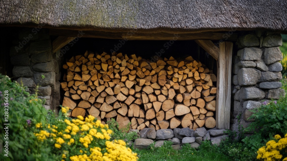Rustic Firewood Stack Under Thatched Roof with Stone Walls and Yellow Flowers Rustic Firewood Stack Under Thatched Roof with Stone Walls and Yellow Flowers