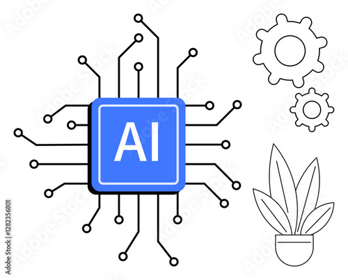 AI chip at the center with interconnected lines extending outward, flanked by gears and a potted plant. Ideal for technology, innovation, automation, AI development, growth, creativity, futurism