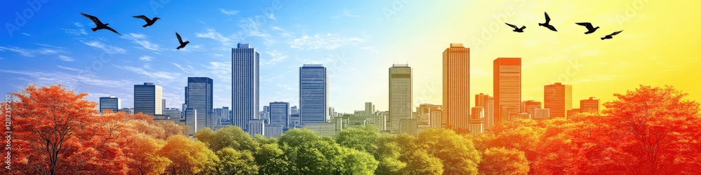 Vibrant Urban Skyline at Sunrise with Autumn Trees and Flying Birds - Stunning Cityscape Scene Blending Nature and Architecture, Perfect for Modern Wall Art Vibrant Urban Skyline at Sunrise with Autumn Trees and Flying Birds - Stunning Cityscape Scene Blending Nature and Architecture, Perfect for Modern Wall Art