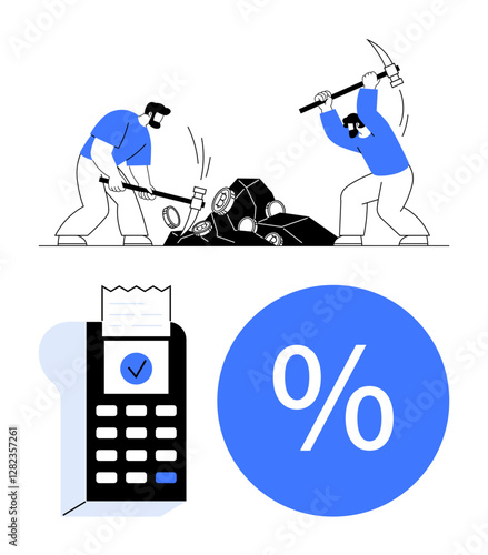 Workers mining resources, performing physical labor with pickaxes. Below, calculator and receipt symbolize financial calculations. Ideal for themes in labor, finance, investment, econometrics